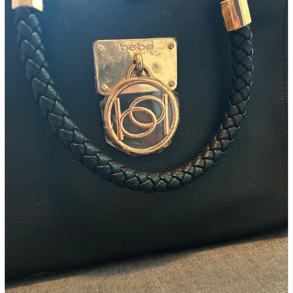 Bebe Black Saffiano Crossbody Satchel Bag Braided Handle Gold Logo Medallion